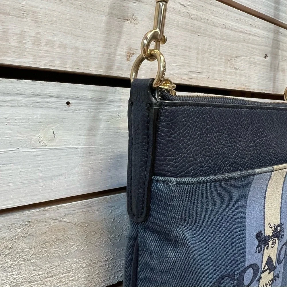 Coach Kitt Crossbody Bag Navy Canvas Stripe Logo Leather Trim F11979 - Picture 11 of 13